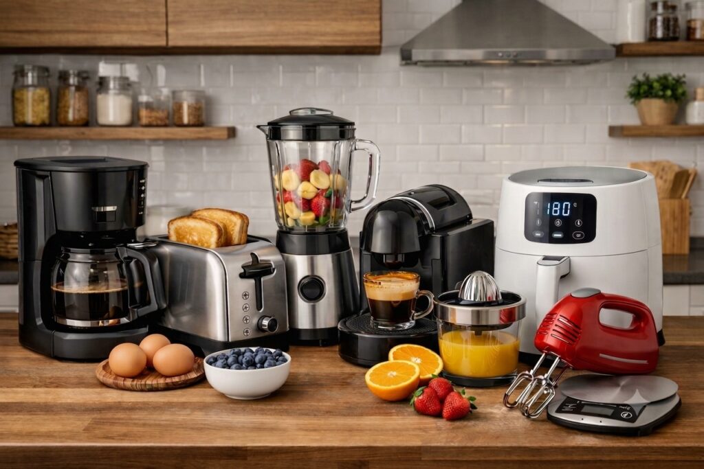 Selezione di piccoli elettrodomestici in vendita: macchina da caffè, frullatore, tostapane e friggitrice ad aria dal design moderno.